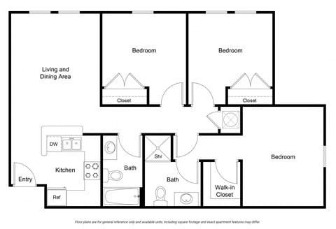Floor plan for 3 beds, 2 baths, 1058 sqft